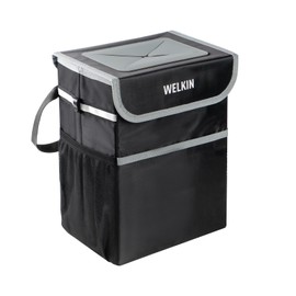 WELKIN Car Trash Can with Lid, Waterproof & Leakproof Bin, Hanging Garbage Storage Pockets for Car, Home, Office -Mini Accessories (Black)