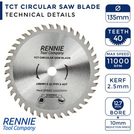 Rennie Tools 135mm x 12.7mm (10mm) Bore x 40T TCT Circular Saw Blade. Wood Cutter Blade. Fits Bosch, Makita, Dewalt Saw Etc. Wood Saw Blade 40 Teeth