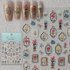 CESTSIREN Floral Nail Stickers, Flower Gold Nail Decals, Self-Adhesive,Summer Spring Nail Accessories & Supplies, Durable & Long-Lasting