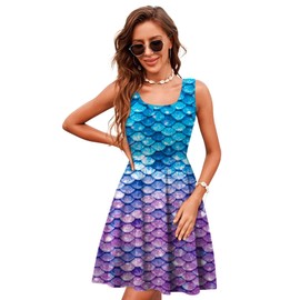 uideazone Ladies Women Pleated Sling Dresses Fish Scale Style Sleeveless Halter Dress Round Neck Casual Flared Midi Sundress for Beach Party