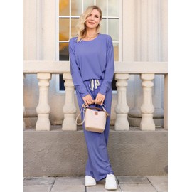 difficort Outfits for Women 2025 Batwing Sleeve Lounge Sets Wide Leg Knit Loungewear Tracksuits with Pockets,Blue Purple,Large