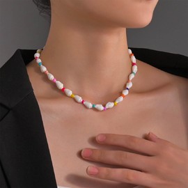 Allereya Boho Conch Shell Choker Necklace Colorful Bead Necklaces White Shell Pendent Necklace Seashell Beaded Necklaces Jewelry for Women