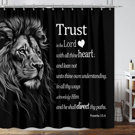 GOAOK Black Lion Shower Curtain 72x72 Inch Bible Verse Inspirational Quotes Shower Curtain Lion Head African Wildlife Wild Animal Safari Cool Mens Fabric Shower Curtain Set with 12 Pack Hooks Plastic