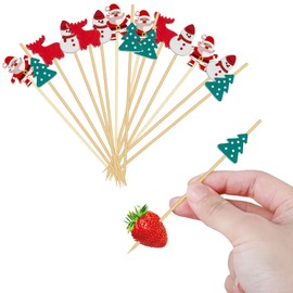 Christmas Cocktail Sticks,100PCS Snowman Santa Claus Elk Christmas Tree Bamboo Toothpicks,Food Fruit Skewers Sticks Cocktail Accessories for Drink Fruit Dessert Food Appetizerss (Red Green White A)