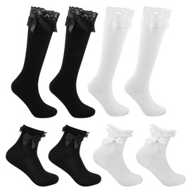 Amexo 4 Pairs of Ruffle Lace Socks with Bows for Women, Ruffle Lace Socks with Socks, Ruffle Lace Socks, White Girls, Christening Socks, Bow Socks, Cotton Ankle Socks for Women and Girls
