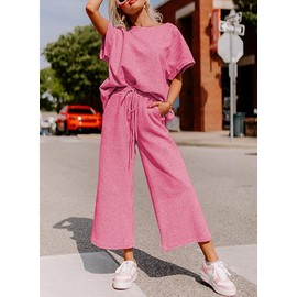 SHEWIN Womens Spring Fashion 2025 Casual 2 Piece Outfits for Women Lounge Sets Loose Short Sleeve Crewneck Shirts Matching Casual Pants Trendy Cozy Pajamas Sweatsuit Set Hot Pink L