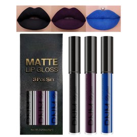 GEEWHILE Matte Lip Gloss Set, 3Pcs Black Blue Purple Matte Liquid Lipstick Sets, Waterproof Long Lasting Matte Lipstick Lip Stain, High Pigment Black Lipgloss, Lipstick Gift Sets for Women