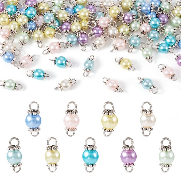 PandaHall 90pcs Glass Pearl Connector Charms Round Pearl Bead Link