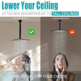 Matte Black Shower Arm with Flange and Teflon Tape for High Ceiling or Fixed Rain Showerhead, Universal Connection 16-inch Square Straight Shower Head Extender Extension Pipe, 304 Stainless Steel