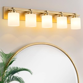 BrkNit 5 Light Modern Bathroom Light Fixtures Over Mirror, Brass Finish Vanity Lights for Bathroom Wall Sconces with Milky White Glass Shades, E26 Socket (Bulbs Not Included)