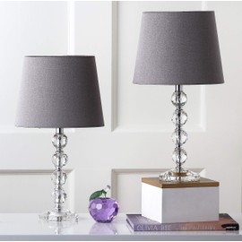 Safavieh Lighting Collection Nola Stacked Crystal Ball/ Light Grey Shade 16-inch Bedroom Living Room Home Office Desk Nightstand Table Lamp (Set of 2) - LED Bulbs Included