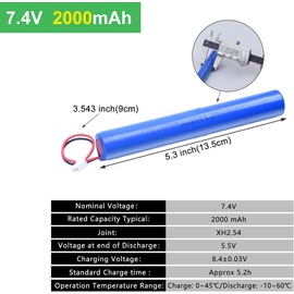 Moriyuan Home 7.4 Volt 2000mAh Li-ion Rechargeable Battery Pack with Wire and JST-XH 2.54/2P Plug for DIY Electronics, Toys, Lighting, Equipment