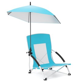 Giantex Low Folding Beach Chair with Detachable & Adjustable Umbrella, Carrying Bag, Padded Armrests, Mesh High Back, Load 330 LBS, Anti-Slip Foot Pads, Camping Chair for Picnic, Lawn, Blue