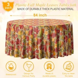 3Pack Fall Leaf Plastic Tablecloth Decorations,Disposable Autumn Orange Leaf Maple Table Cloths for Parties,Round Thanks Giving Table Cover for Kitchen Fall Harvest Thanks Giving Decor,84 Inch Round