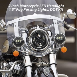 7 inch Motorcycle LED Headlight 4.5" Fog Passing Lights DOT Kit Compatible with Harley Davidson Fat Boy Street Glide Heritage Softail Road King Switchback Electra Glide Ultra Classic CVO Tri Black