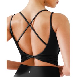 BRXL Buttery Soft Padded Sports Bra for Women Low Impact Scoop Neck Twist Back Low Back Crop Top Yoga Pilates Bra Tank Black