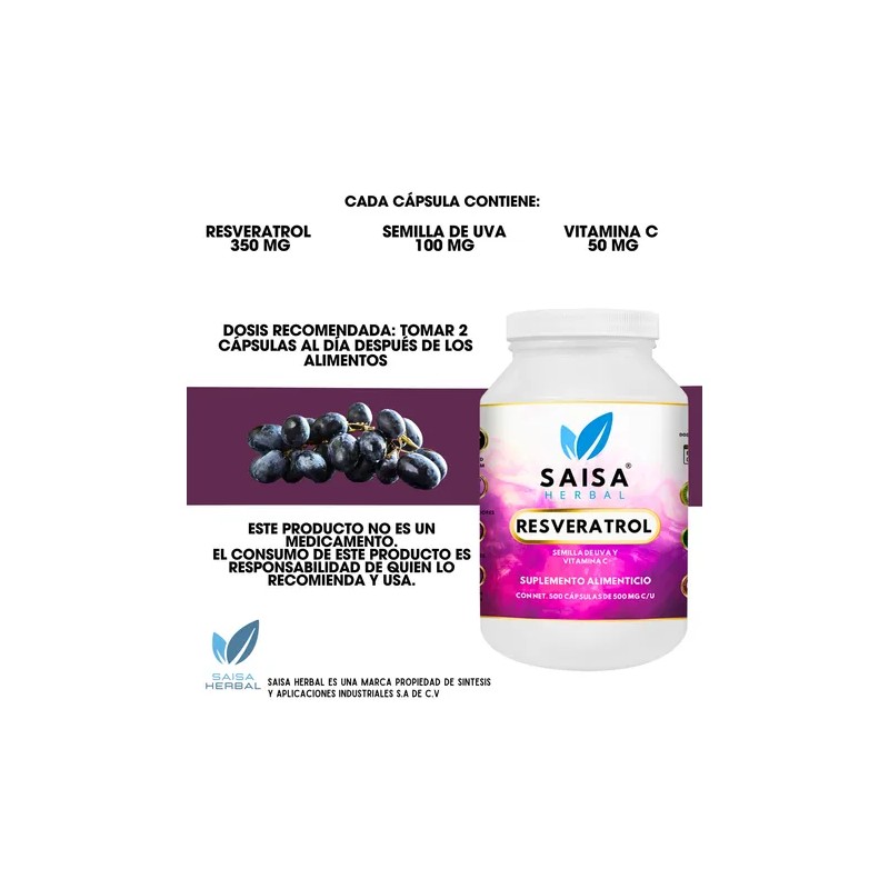 Resveratrol 500 Cáp Semilla De Uva Y Vitamina C Saisa