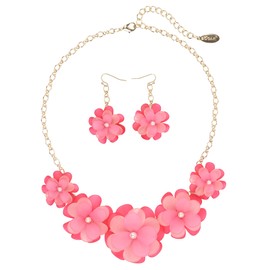 Bocar Acrylic Pendant Collar Statement Flower Choker Necklace for Women (NK-10241-Pink-set)
