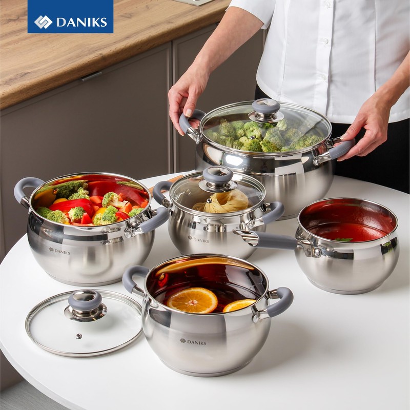Daniks Modern 6-Piece Stainless Steel Cookware Set with Glass Lids,