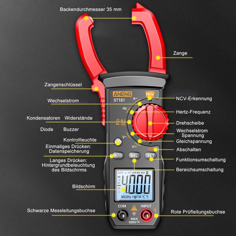 Digital Current Clamp AC DC Multimeter: True-RMS 4000 Counts Ammeter