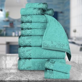 Superior 12 Piece Cotton Towel Set, Floral Jacquard Dobby Border, Quick Dry, Decorative Bathroom, Spa, Shower, Bath, Includes 3 Body, 3 Hand, 6 Face Towels/Washcloth, Wisteria Collection, Turquoise
