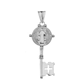 Religious Jewelry Fine 10k White Gold Saint Benedict Reversible Cross Key Pendant