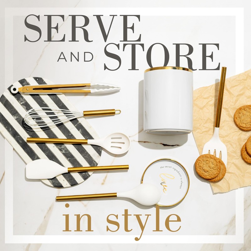 8 Piece White and Gold Kitchen Utensils – White Silicone