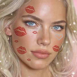 NOOEPC Red Face Gems Self-Adhesive Face Jewels, Red Face Glitter Lip Hair Gems, Festival Kiss Stickers, Face Rhinestone Stickers for Makeup, Eye, Hair, Body, Rave Accessories