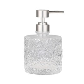 Marcella Glass Soap Dispenser with Soap Pump, Refillable 14 Ounce Capacity, Floral Design Rose Patterns, Heavy Weight Thick Glass for Bathroom, Premium Kitchen Soap Dispenser Clear