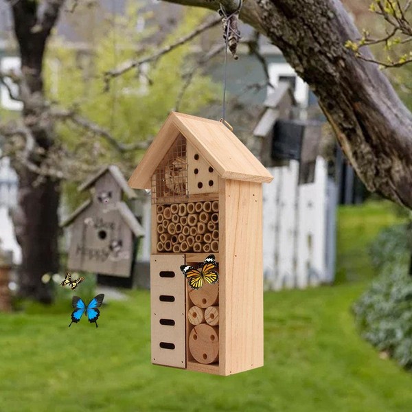 GardenHaven® Insect House Wooden Hotel Natural Nesting Habitat for Solitary Bee's Butterfy Insect Ladybirds,Bettles House Bug Hotel Shelter Garden Nest Box 26cm Pollinate your Garden & Control Pests