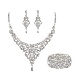 EVER FAITH Wedding Jewelry Sets Crystal Retro 1920s Leave Vase Art Deco Bridal Prom Necklace Earrings Stretch Bracelet Set for Bride Clear Silver-Tone