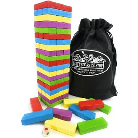 Matty's Mix-Up 60pc Large Colorful Wooden Tumble Tower Deluxe Stacking Game with Storage Bag