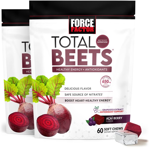 Total Beets Soft Chews with Beetroot, Nitrates, L-Citrulline, Grapeseed Extract, & Antioxidants, Healthy Energy Supplement with Elite Ingredients for Heart, Superfood, Force Factor, 120 Count, 2-Pack