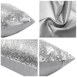 Xpanal Home Decorative Solid Glitter Sequins Square Throw Pillow Covers Cushion Case for Wedding Party,18"x18"(45cmx45cm), Silver, 2 Packs