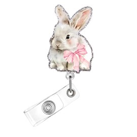 Easter Badge Reel,Cute Bunny Acrylic Badge for ID Card Badge,Funny Telescoping Retractable Badge Holder Alligator Clip Accessories with Pink Bow Designs for Nurse,Medical Worker,Teacher