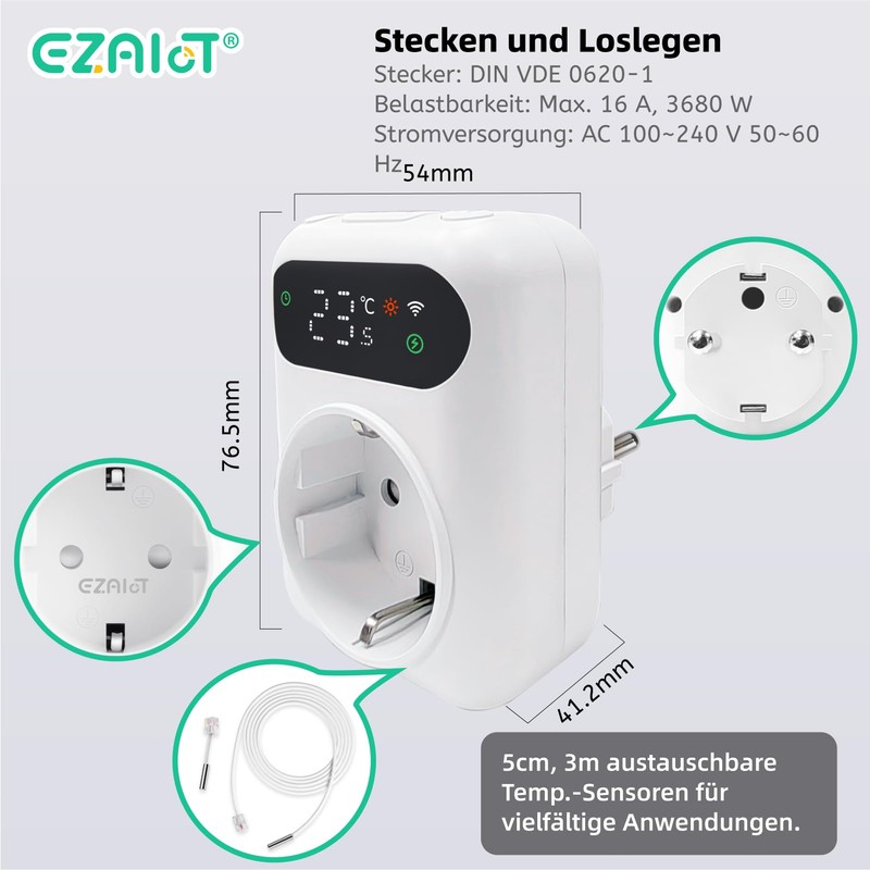 ezAIoT WLAN Socket Thermostat with Timer for Heating and Cooling
