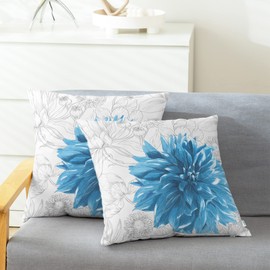 CaliTime Throw Pillow Cases Pack of 2 Cozy Fleece Colorful Dahlia Flower Simple Strokes Flora Background Decorative Cushion Covers for Couch Bed Sofa Farmhouse Decoration 18 X 18 Inches Turquoise Blue Grey