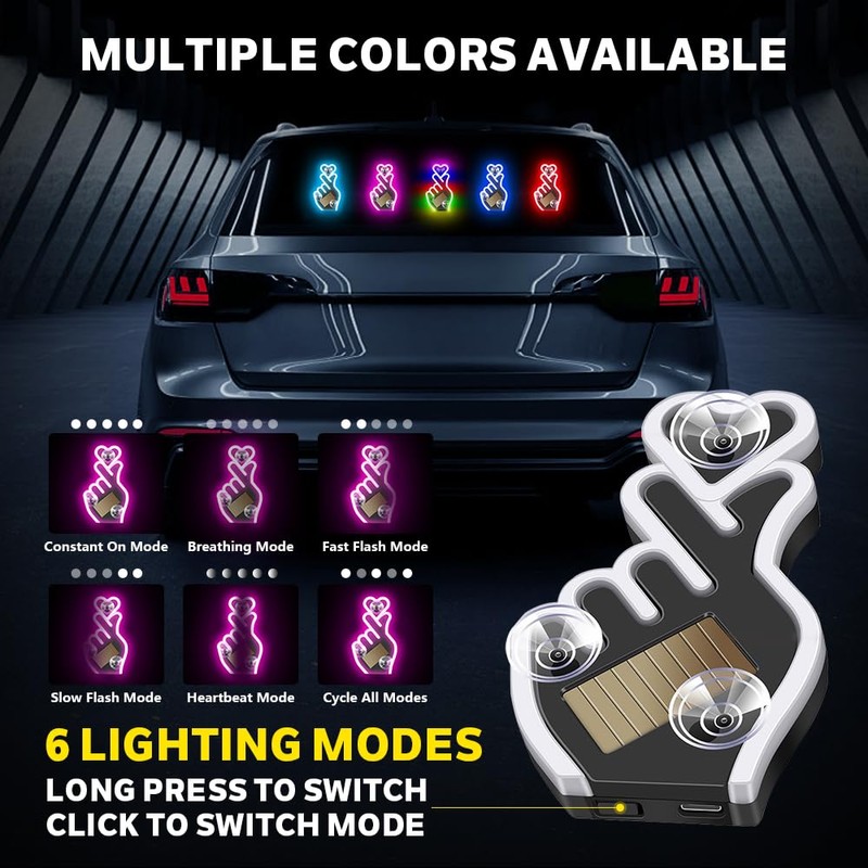 KaiDengZhe Finger Heart Car Window Light, Solar-Powered Wireless LED Heart