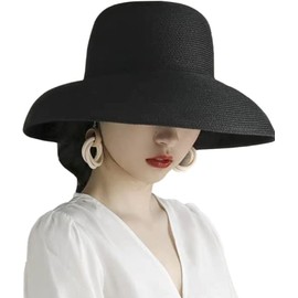 YEKEYI Sun Hats for Women Wide Brim Beach Hat Straw Hat UPF Travel Foldable Brim Summer UV Hat Black