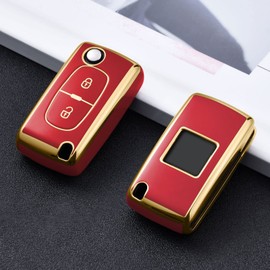 OATSBASF Car Key Case for Peugeot, Key Cover for Peugeot 207 307 308 407 408 3008 5008 Citroen C2 C3 C4 C5 C6 C8 2 Buttons Key Case Accessories （Golden Edge Red)