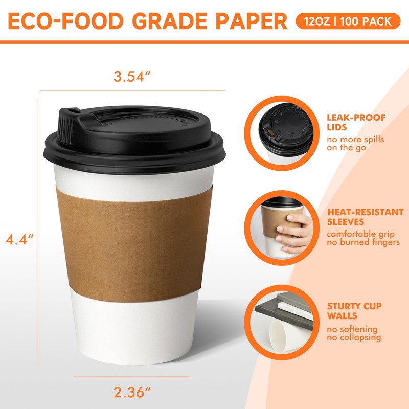 METAPRINT 100 Pack 12 oz Disposable Coffee Cups with Lids
