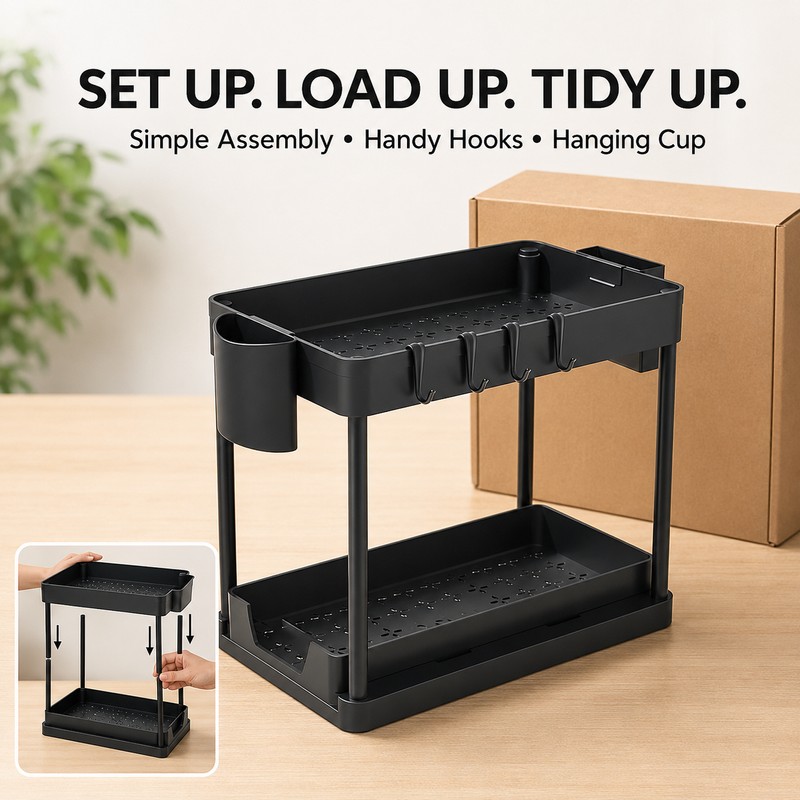 2-Tier Under Sink Organizer with Pull-Out Drawer & Hooks