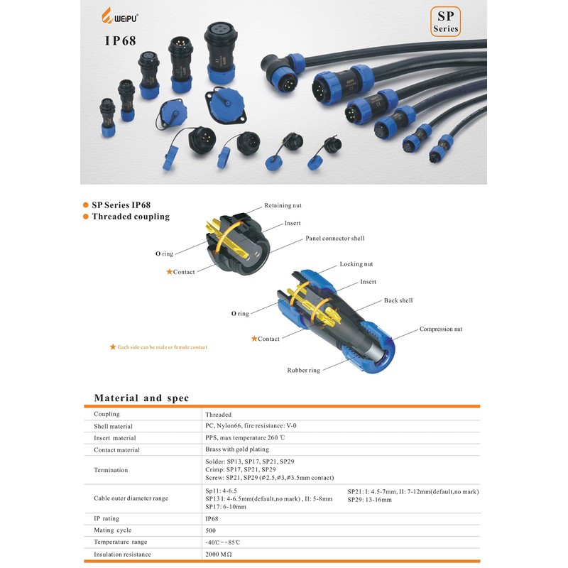 HangTon SP13 2 Pin Waterproof Electrical Connector, Male Female Cable