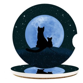 Black Cat Mouse Moon Coasters for Cup Holders, Absorbent Ceramic Coasters with Cork Back, Anti Slip Car Cup Mats for Most Car Interiors, 2PCS