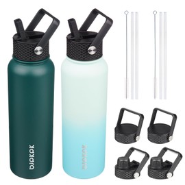 BJPKPK 2 Pack Insulated Water Bottles with Straw Lids, 40ozStainless Steel Metal Water Bottle with 6 Lids, Leak Proof BPA Free Thermos, Cups, Flasks for Travel, Sports (Army Green+Mint)