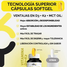 Vitamina D3 + K2 Con Mct Oil Vitamina D3 400 Ui 120 Softgels de Alta Absorcion Sin Sabor