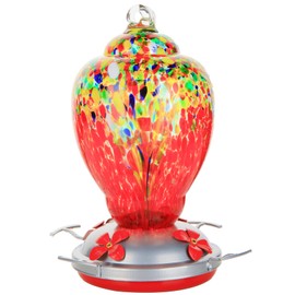 WOSIBO Hummingbird Feeder for Outdoors Patio Large 32 Ounces Colorful Hand Blown Glass Hummingbird Feeder with Ant Moat Hanging Hook, Rope, Brush and Service Card (Red-Sunrise)