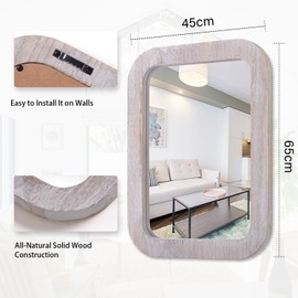 JJUUYOU Wall Mount Home Mirror, Rustic Gray Rectangle 26x18 inches, Wood Framed Mirror for Bedroom, Living Room, Bathroom Decor