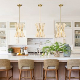 Untrammelife Modern Drum Pendant Light,Luxe Hand-Wrapped Bleached Natural Rope Hanging Pendant Light Fixtures, Single White Chandelier in Gold Finish for Foyer Kitchen Living Room