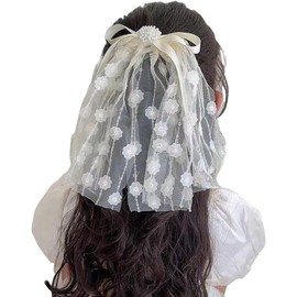 Large Pearl Flower Sequins Hair Bow Veil for Wedding Lace Hair Clips Tulle Cute Hair Accessories for Wedding Party Daily Wearing (Beige, One size)